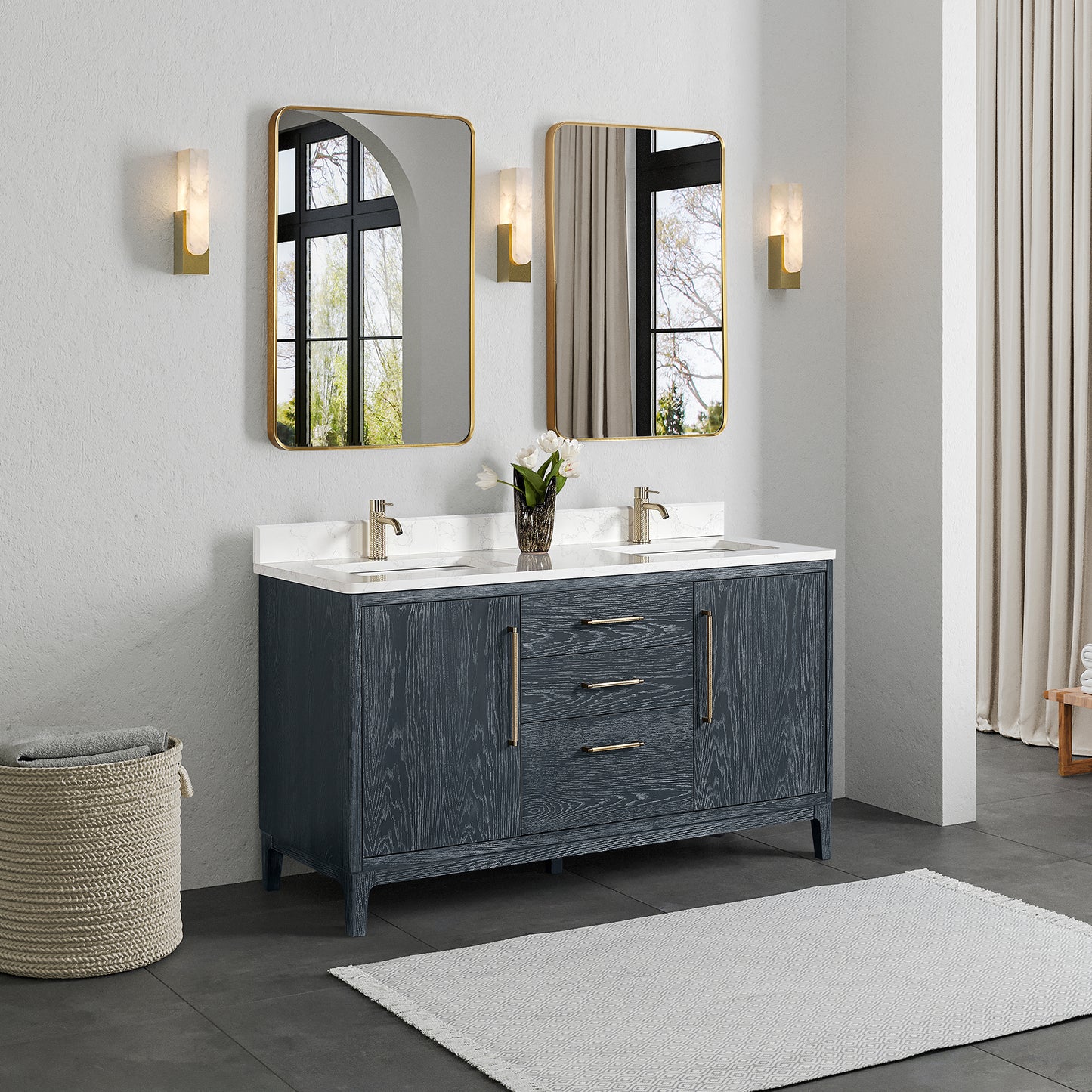 Gara 60M" Free-standing Double Bath Vanity in Washed Blue with White Grain Composite Stone Top