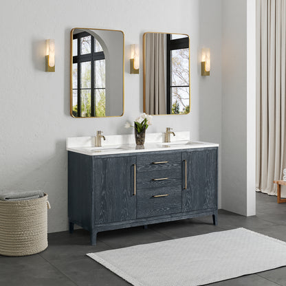 Gara 60M" Free-standing Double Bath Vanity in Washed Blue with White Grain Composite Stone Top