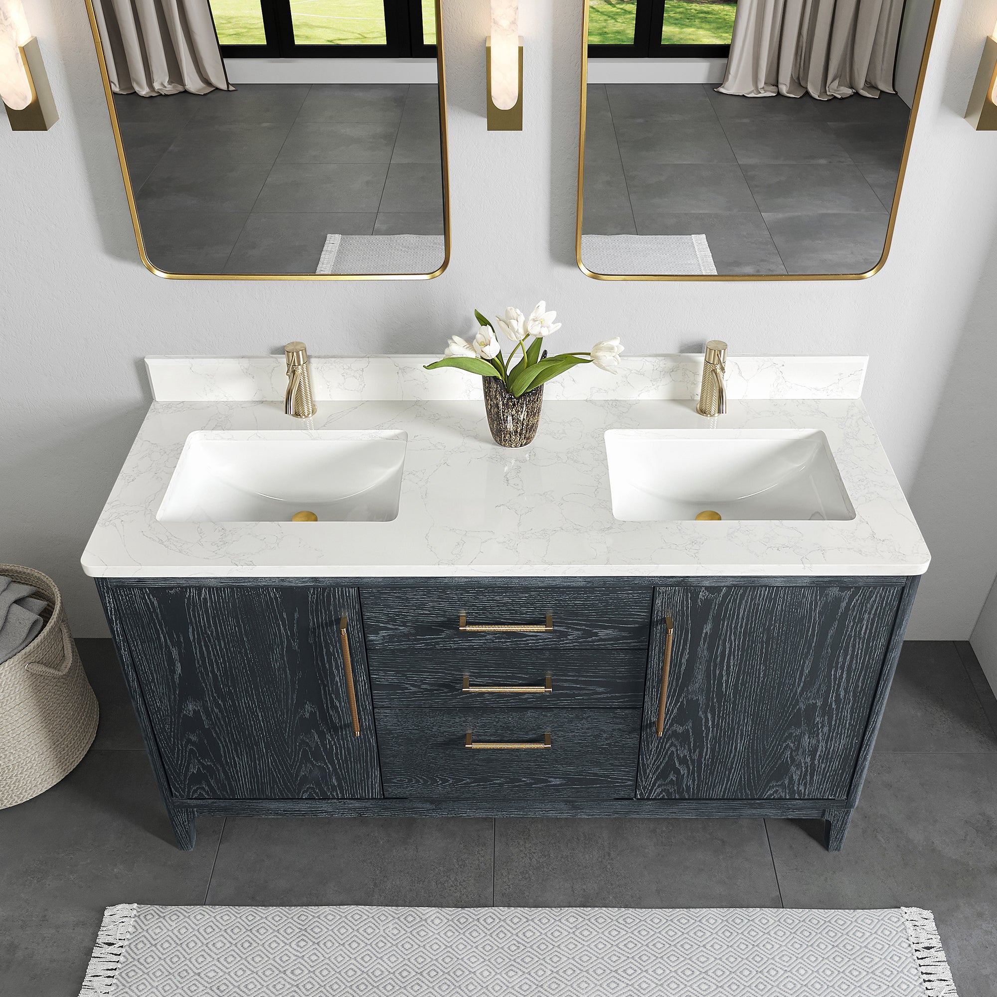Gara 60M" Free-standing Double Bath Vanity in Washed Blue with White Grain Composite Stone Top