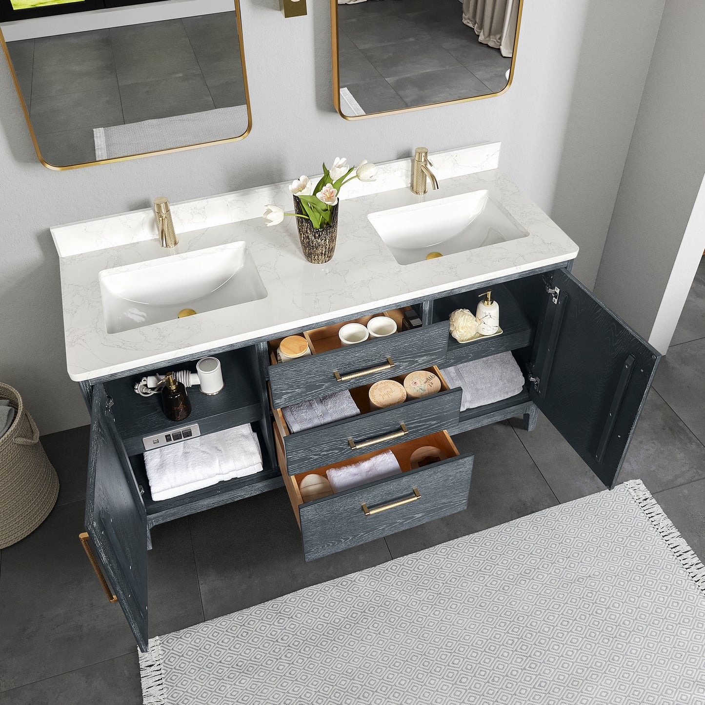 Gara 60M" Free-standing Double Bath Vanity in Washed Blue with White Grain Composite Stone Top