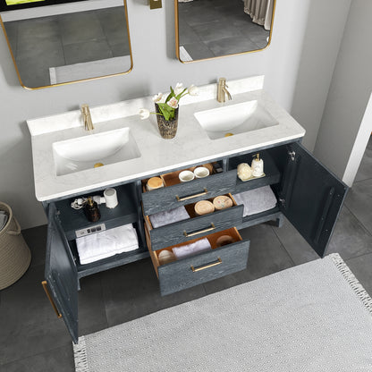 Gara 60M" Free-standing Double Bath Vanity in Washed Blue with White Grain Composite Stone Top