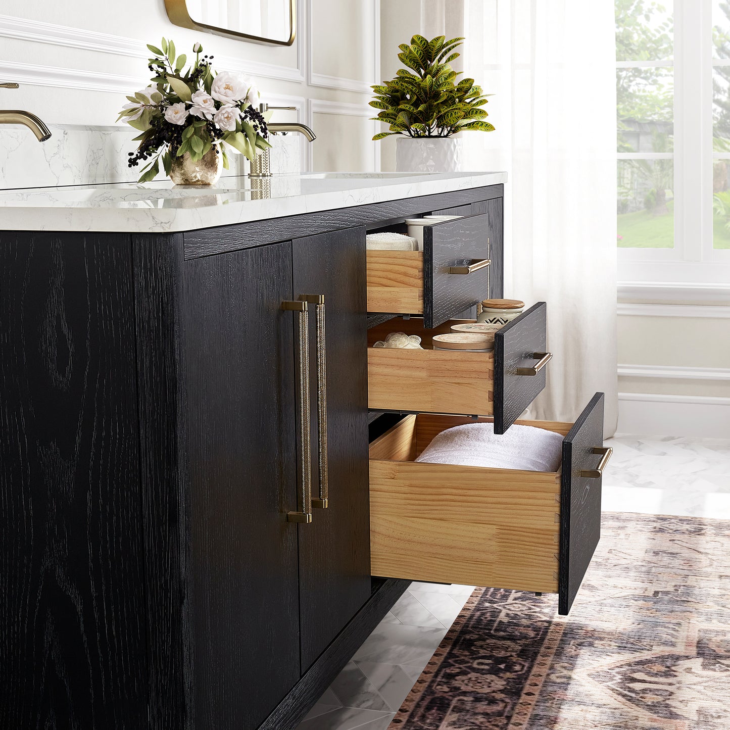Gara 72" Free-standing Double Bath Vanity in Fir Wood Black with White Grain Composite Stone Top