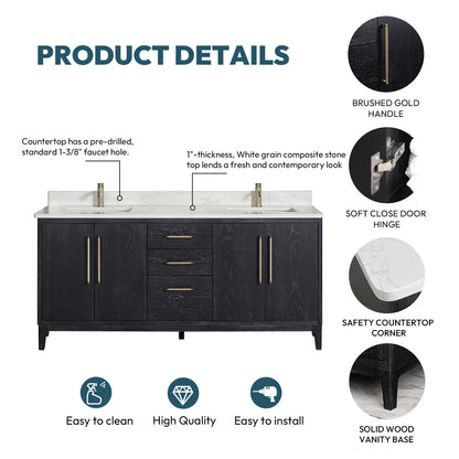 Gara 72" Free-standing Double Bath Vanity in Fir Wood Black with White Grain Composite Stone Top
