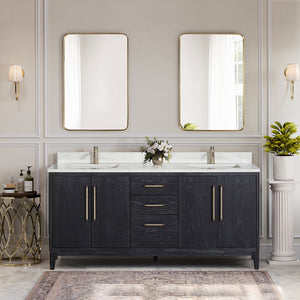 Open image in slideshow, Gara 72&quot; Free-standing Double Bath Vanity in Fir Wood Black with White Grain Composite Stone Top
