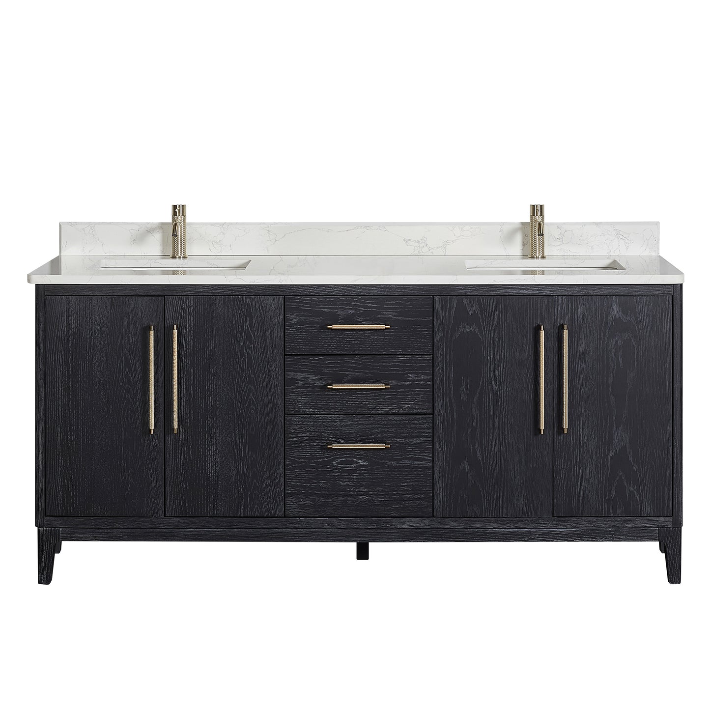 Gara 72" Free-standing Double Bath Vanity in Fir Wood Black with White Grain Composite Stone Top