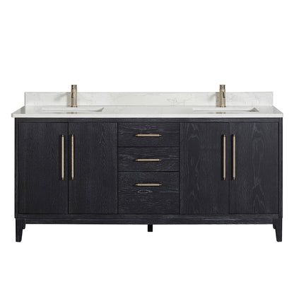 Gara 72" Free-standing Double Bath Vanity in Fir Wood Black with White Grain Composite Stone Top