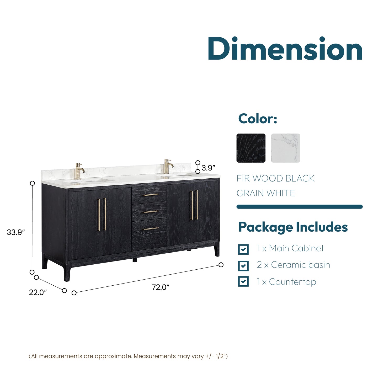 Gara 72" Free-standing Double Bath Vanity in Fir Wood Black with White Grain Composite Stone Top
