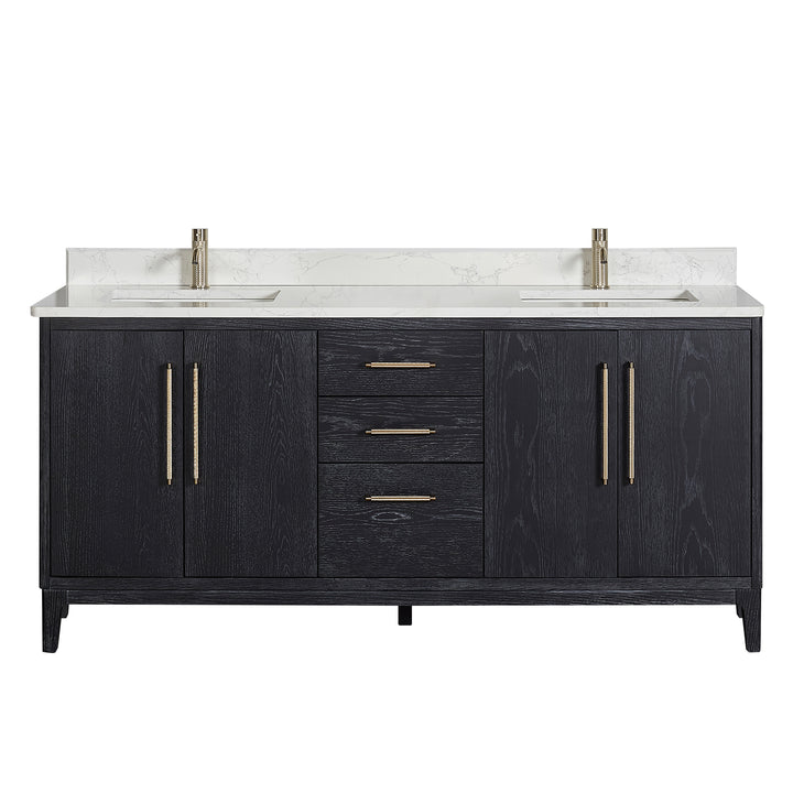 Issac Edwards 72" Free-standing Double Bath Vanity in Fir Wood Black with White Grain Composite Stone Top and Mirror