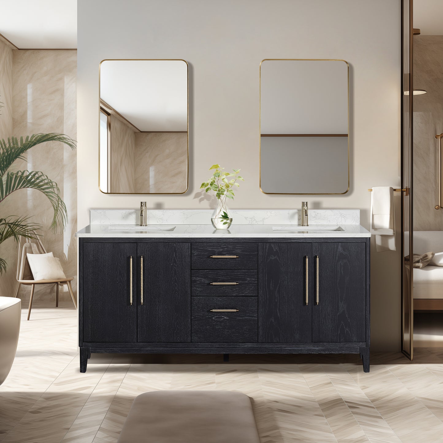 Gara 72" Free-standing Double Bath Vanity in Fir Wood Black with White Grain Composite Stone Top