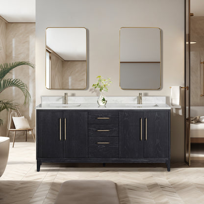 Gara 72" Free-standing Double Bath Vanity in Fir Wood Black with White Grain Composite Stone Top