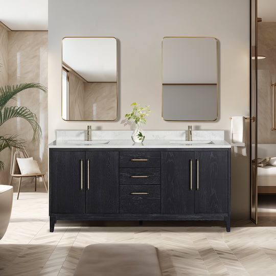 Issac Edwards 72" Free-standing Double Bath Vanity in Fir Wood Black with White Grain Composite Stone Top and Mirror