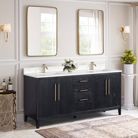 Issac Edwards 72" Free-standing Double Bath Vanity in Fir Wood Black with White Grain Composite Stone Top and Mirror