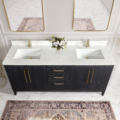 Gara 72" Free-standing Double Bath Vanity in Fir Wood Black with White Grain Composite Stone Top