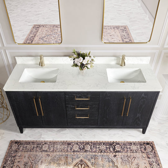 Issac Edwards 72" Free-standing Double Bath Vanity in Fir Wood Black with White Grain Composite Stone Top and Mirror