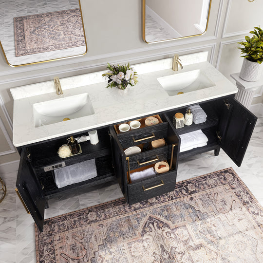 Issac Edwards 72" Free-standing Double Bath Vanity in Fir Wood Black with White Grain Composite Stone Top and Mirror