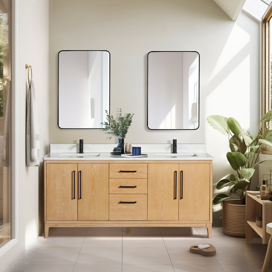 Gara 72" Free-standing Double Bath Vanity in Washed Ash Grey with White Grain Composite Stone Top