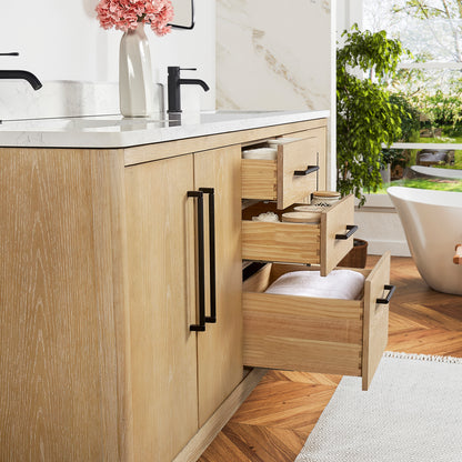 Gara 72" Free-standing Double Bath Vanity in Washed Ash Grey with White Grain Composite Stone Top