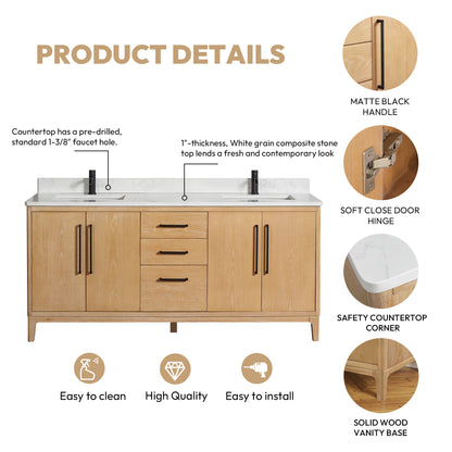 Gara 72" Free-standing Double Bath Vanity in Washed Ash Grey with White Grain Composite Stone Top