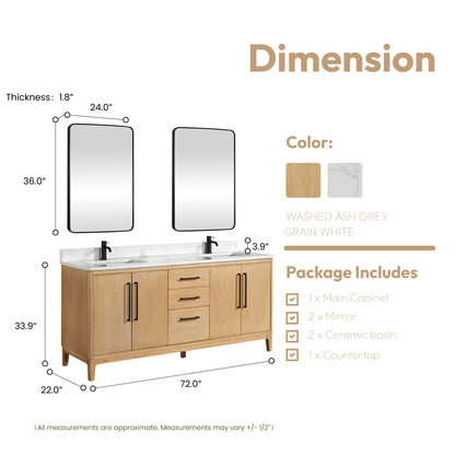 Gara 72" Free-standing Double Bath Vanity in Washed Ash Grey with White Grain Composite Stone Top