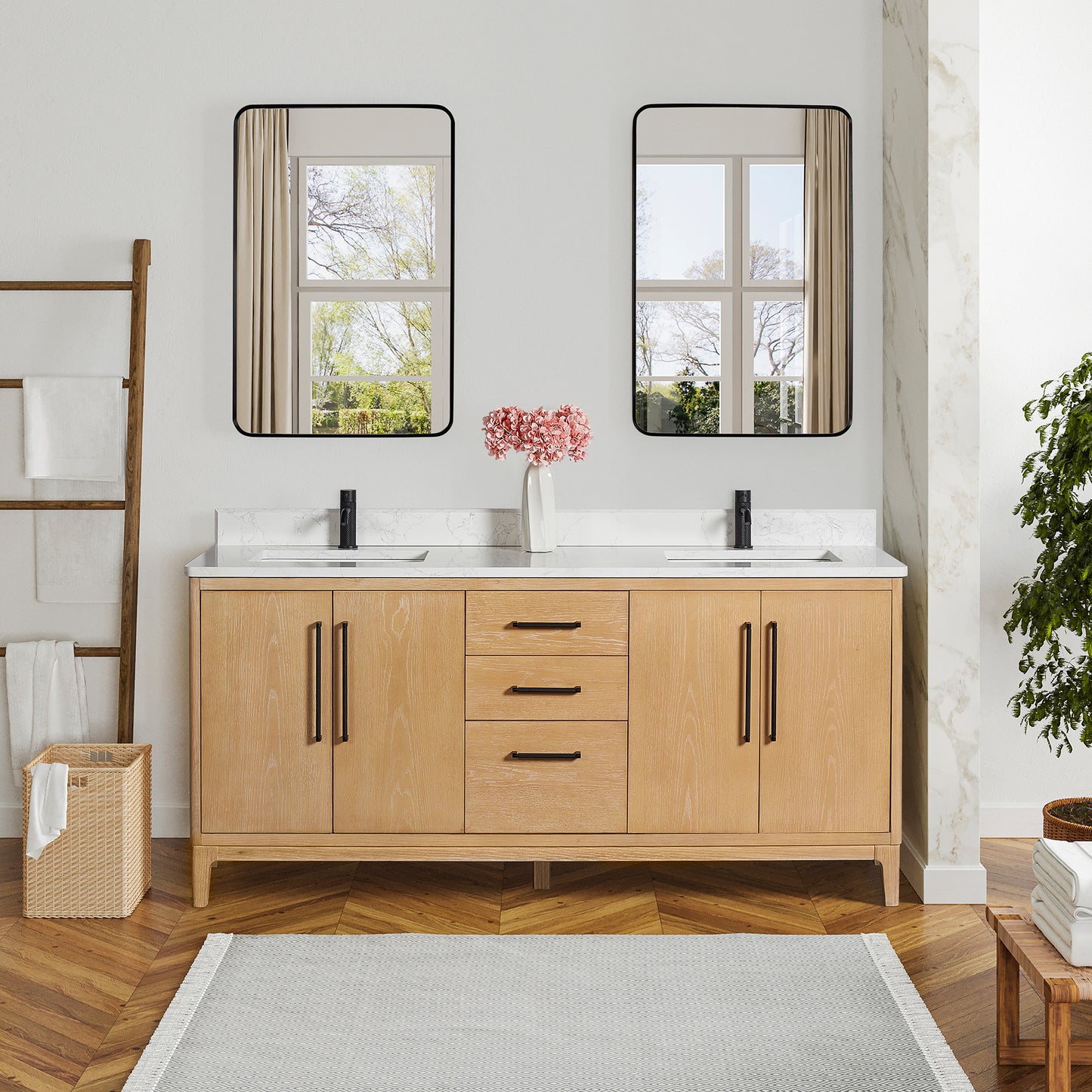 Gara 72" Free-standing Double Bath Vanity in Washed Ash Grey with White Grain Composite Stone Top