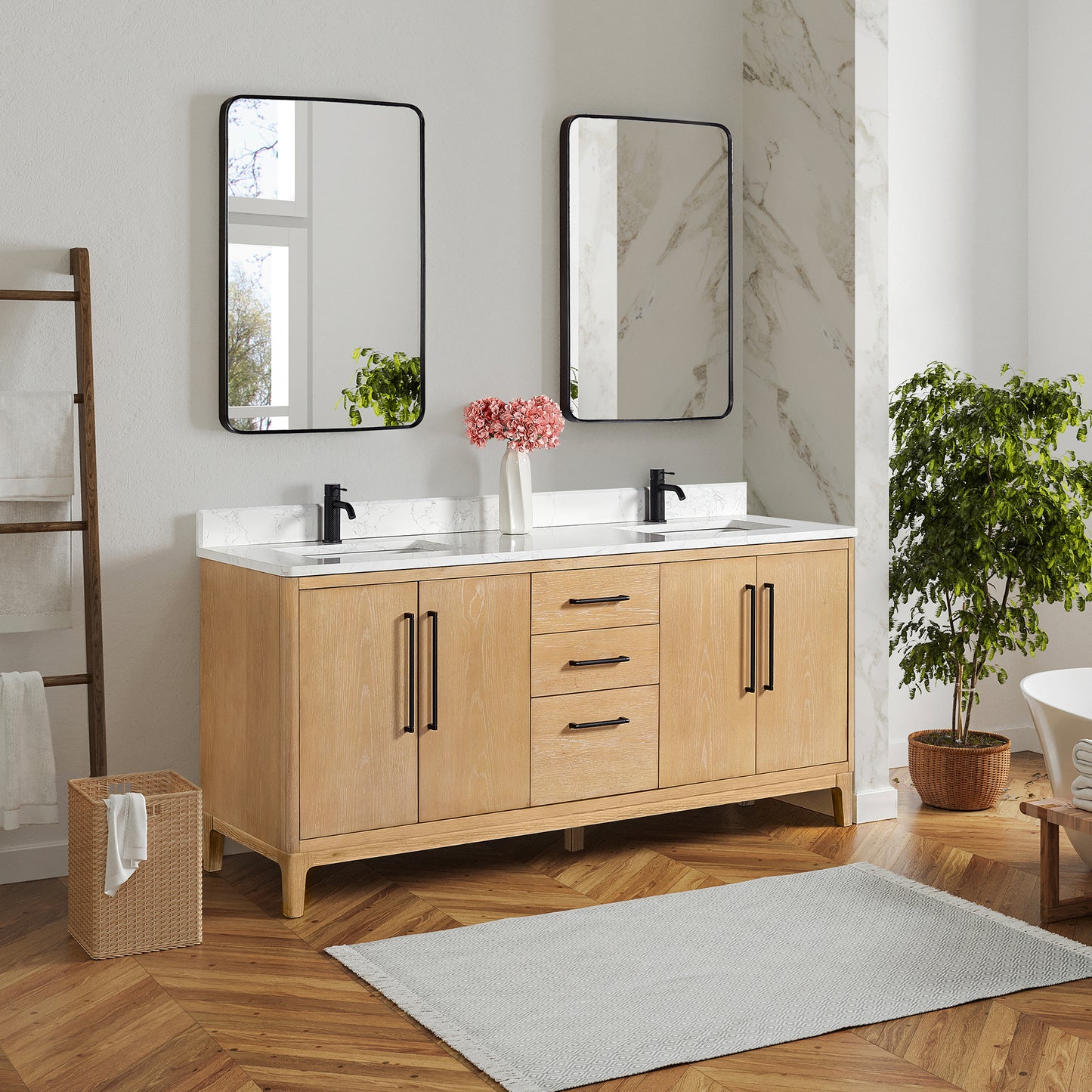 Gara 72" Free-standing Double Bath Vanity in Washed Ash Grey with White Grain Composite Stone Top