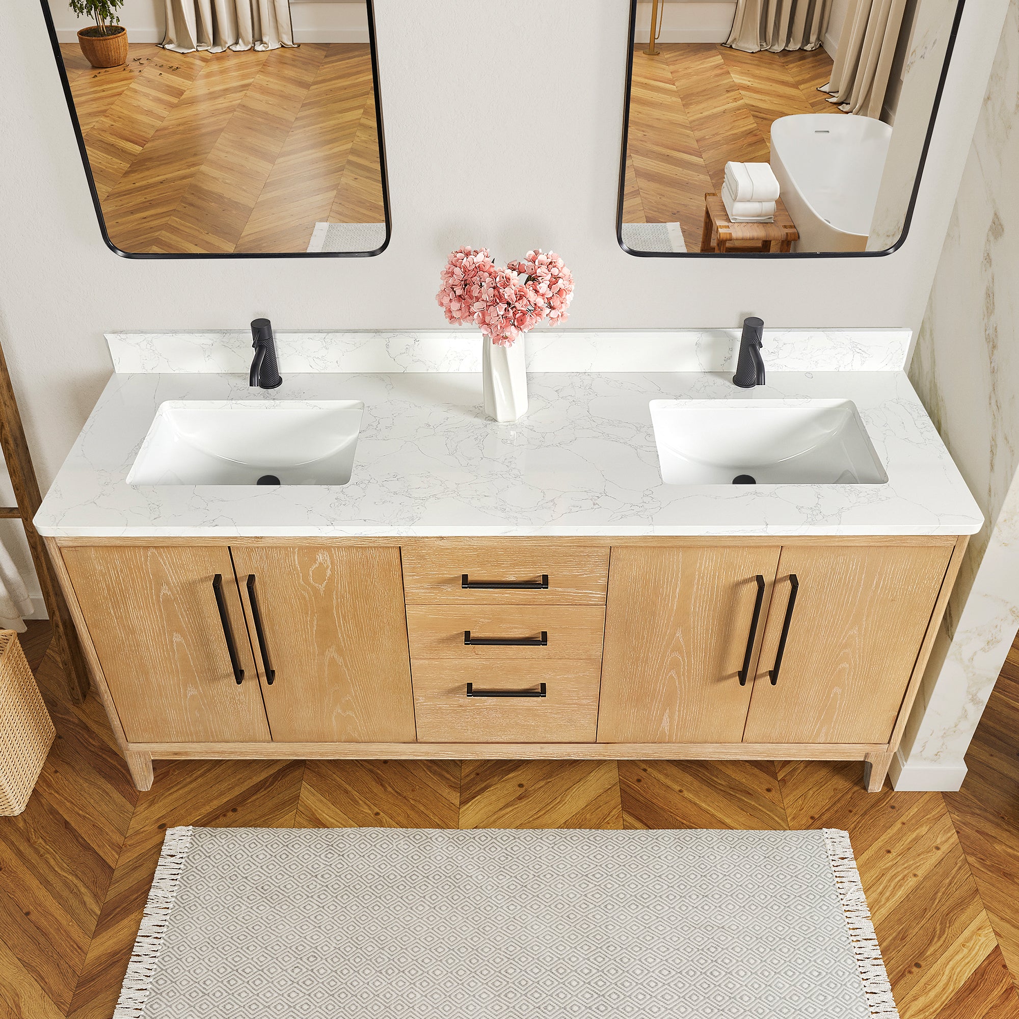 Gara 72" Free-standing Double Bath Vanity in Washed Ash Grey with White Grain Composite Stone Top