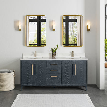 Gara 72" Free-standing Double Bath Vanity in Washed Blue with White Grain Composite Stone Top