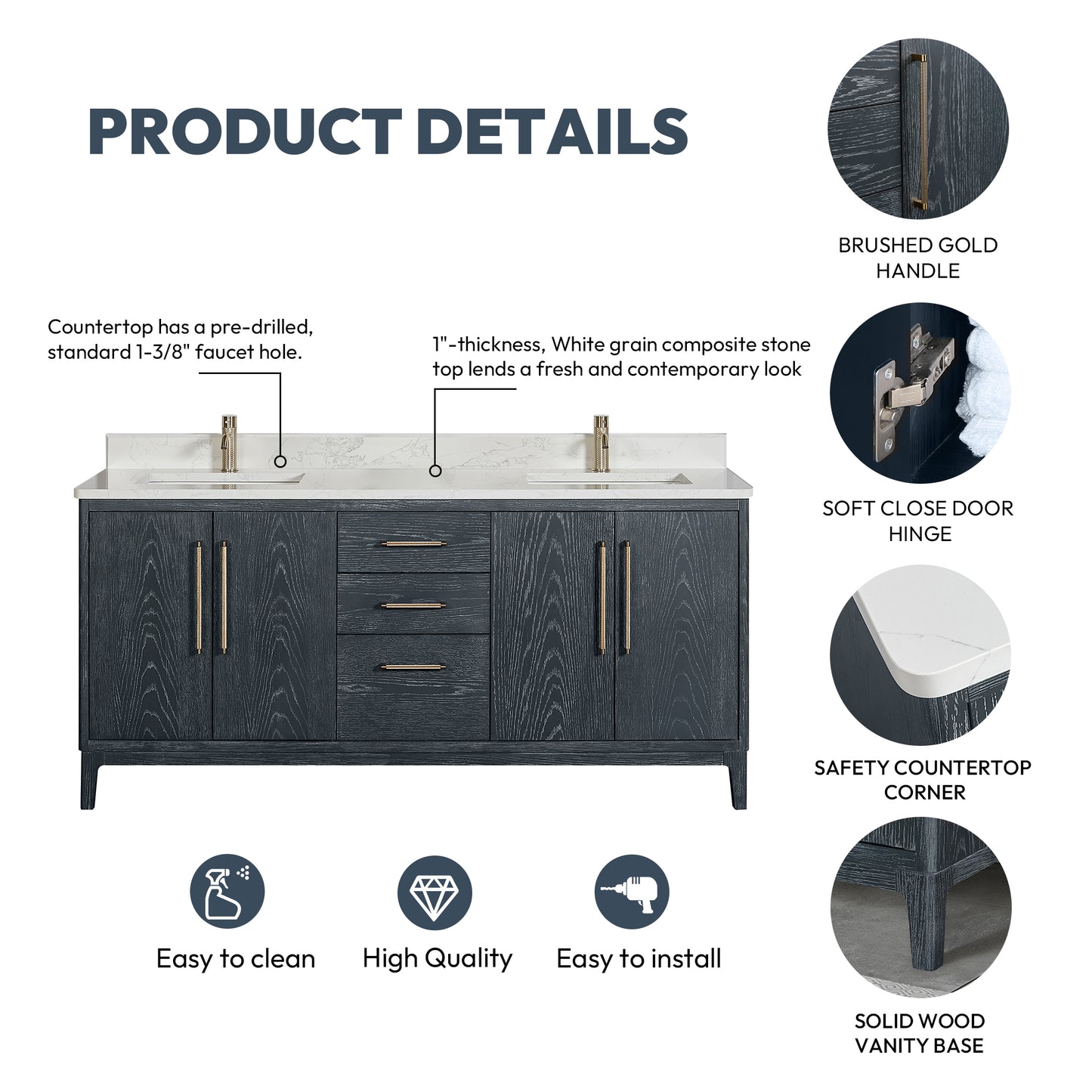 Gara 72" Free-standing Double Bath Vanity in Washed Blue with White Grain Composite Stone Top