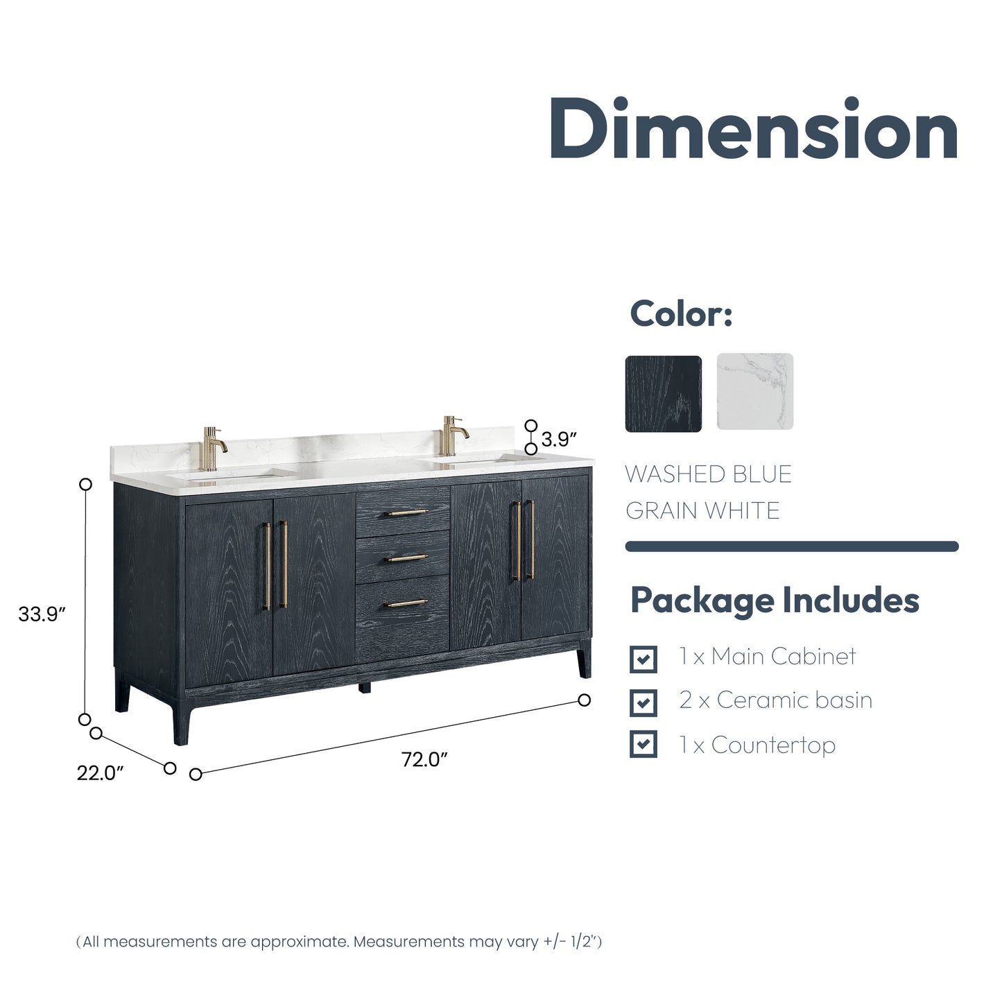 Gara 72" Free-standing Double Bath Vanity in Washed Blue with White Grain Composite Stone Top