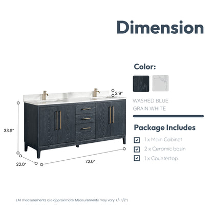 Gara 72" Free-standing Double Bath Vanity in Washed Blue with White Grain Composite Stone Top