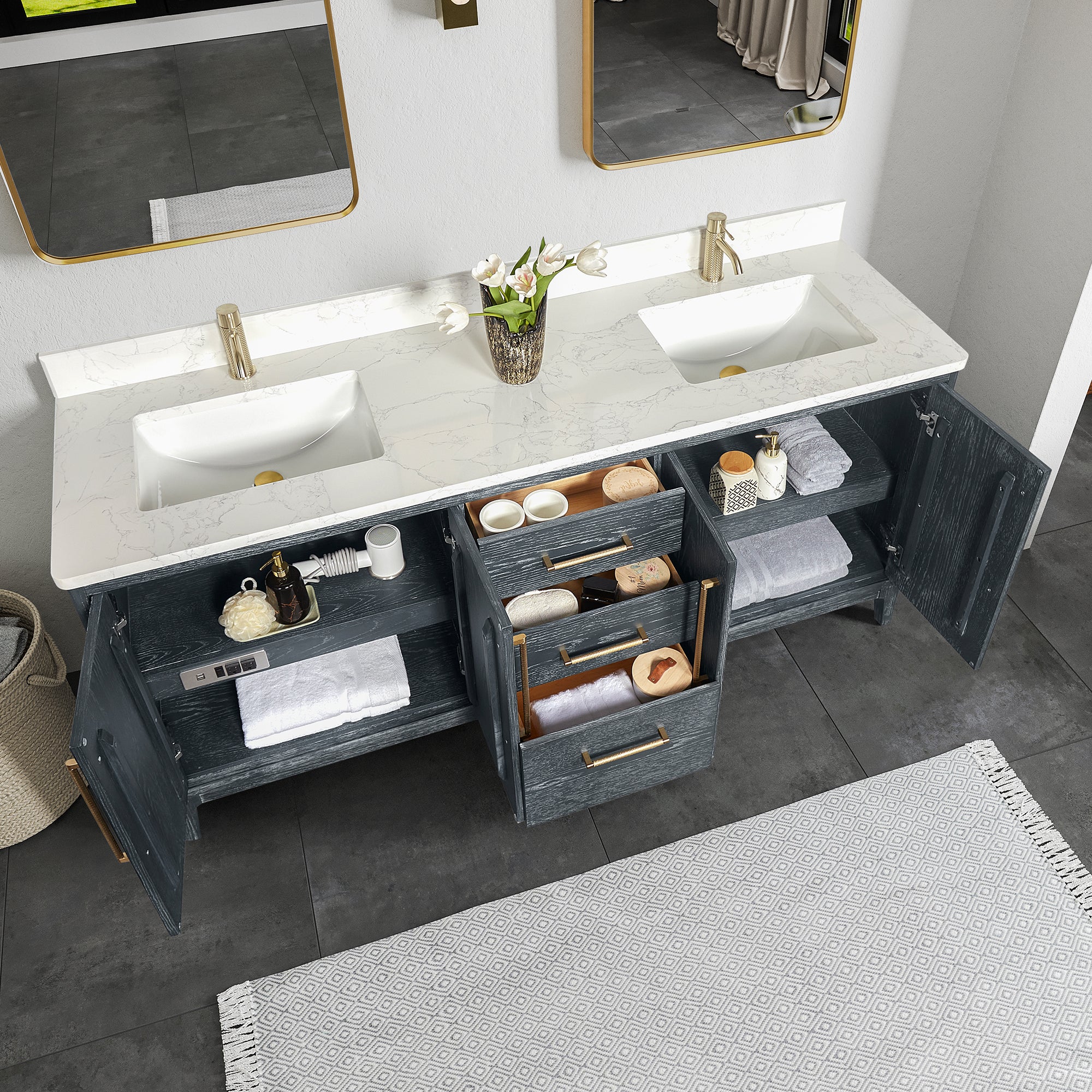 Gara 72" Free-standing Double Bath Vanity in Washed Blue with White Grain Composite Stone Top