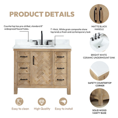 Javier 42" Free-standing Single Bath Vanity in Spruce Antique Brown with White Grain Composite Stone Top
