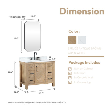 Javier 42" Free-standing Single Bath Vanity in Spruce Antique Brown with White Grain Composite Stone Top