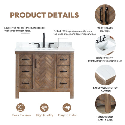 Javier 42" Free-standing Single Bath Vanity in Spruce Antique Gray with White Grain Composite Stone Top