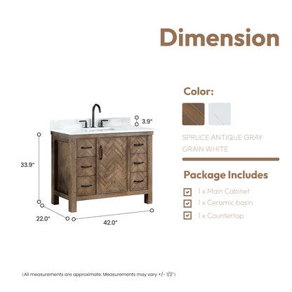 Javier 42" Free-standing Single Bath Vanity in Spruce Antique Gray with White Grain Composite Stone Top