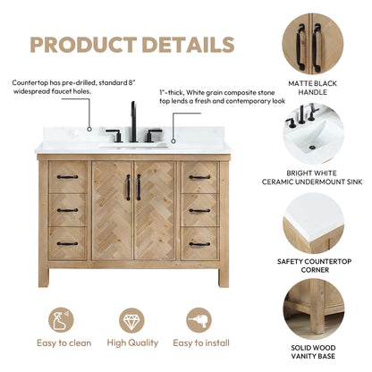 Javier 48" Free-standing Single Bath Vanity in Spruce Antique Brown with White Grain Composite Stone Top