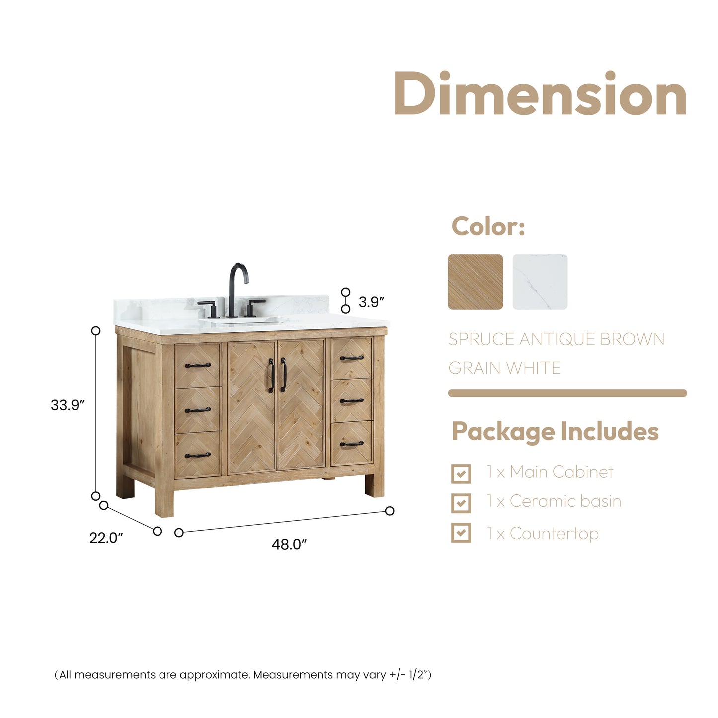 Javier 48" Free-standing Single Bath Vanity in Spruce Antique Brown with White Grain Composite Stone Top