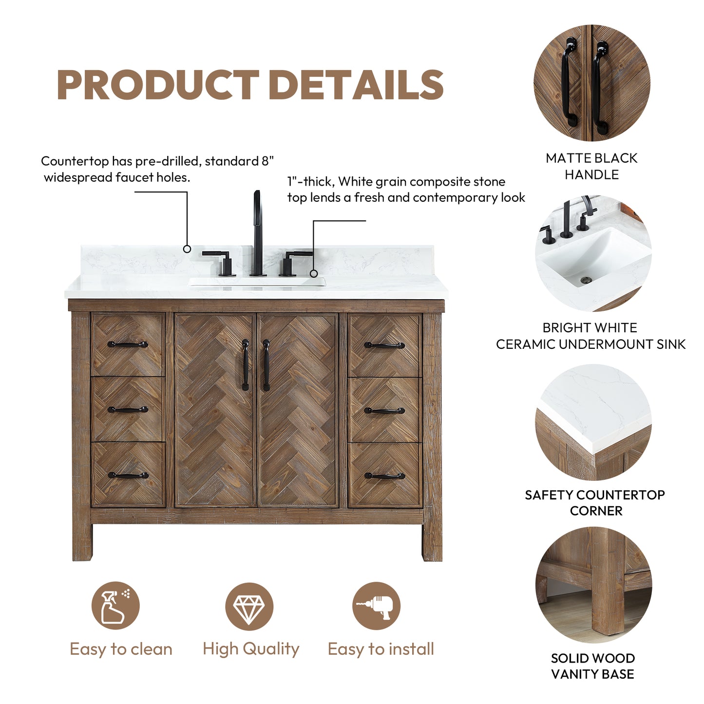 Javier 48" Free-standing Single Bath Vanity in Spruce Antique Gray with White Grain Composite Stone Top
