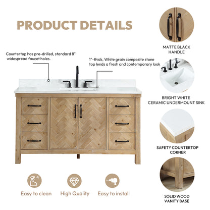 Javier 60" Free-standing Single Bath Vanity in Spruce Antique Brown with White Grain Composite Stone Top