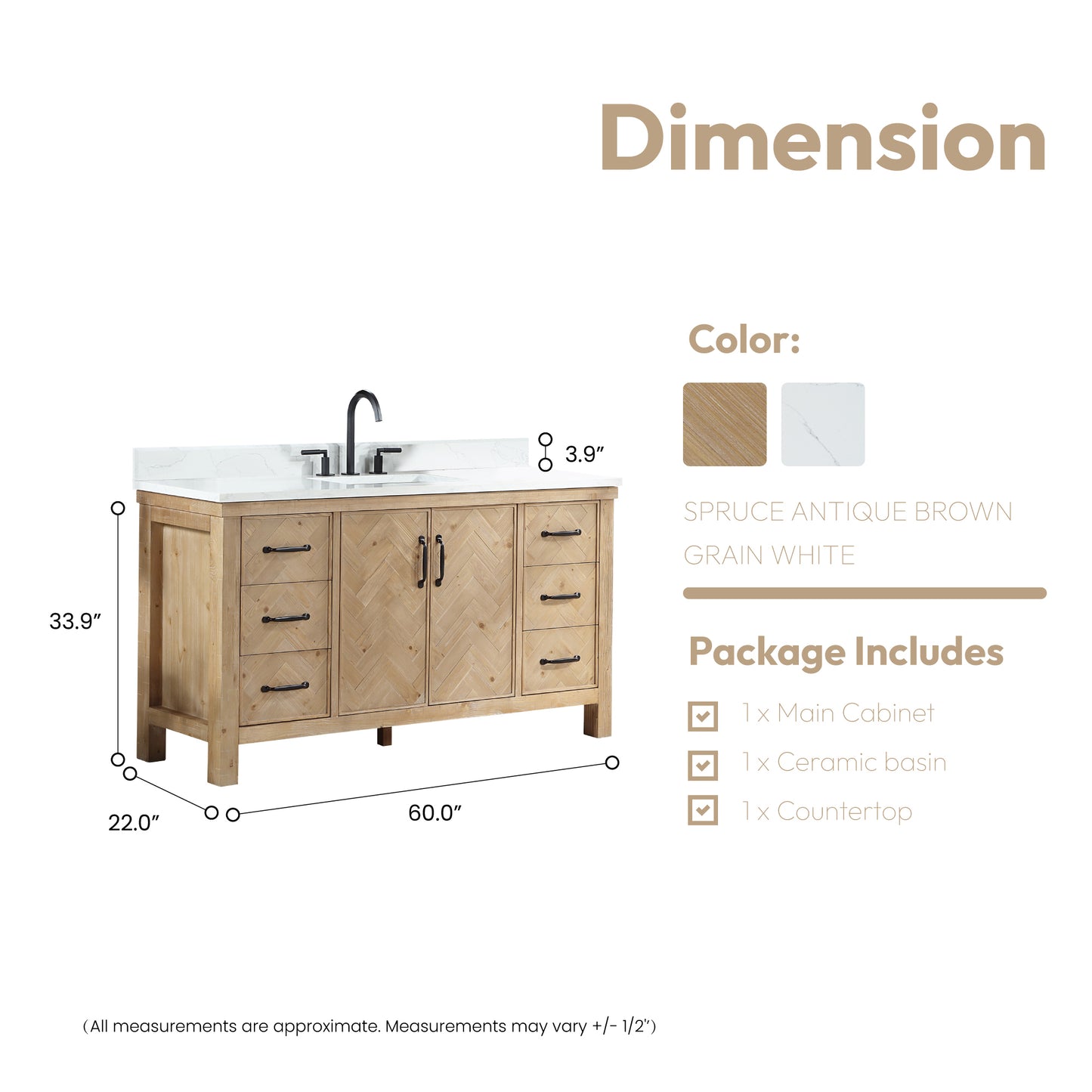 Javier 60" Free-standing Single Bath Vanity in Spruce Antique Brown with White Grain Composite Stone Top