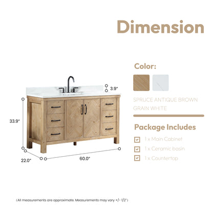 Javier 60" Free-standing Single Bath Vanity in Spruce Antique Brown with White Grain Composite Stone Top