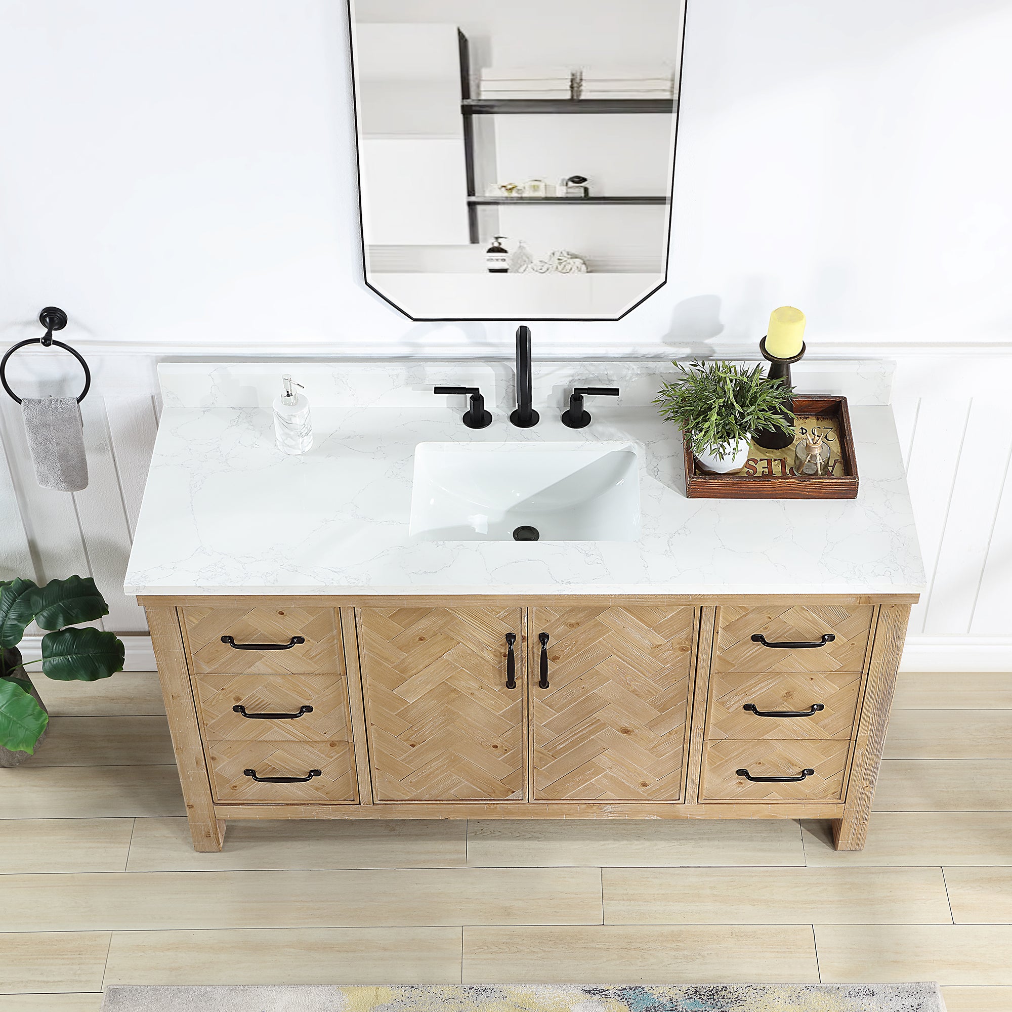 Javier 60" Free-standing Single Bath Vanity in Spruce Antique Brown with White Grain Composite Stone Top