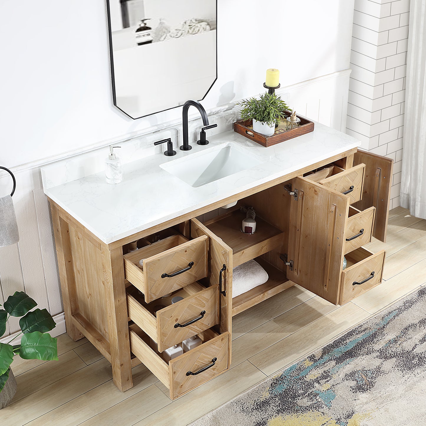 Javier 60" Free-standing Single Bath Vanity in Spruce Antique Brown with White Grain Composite Stone Top