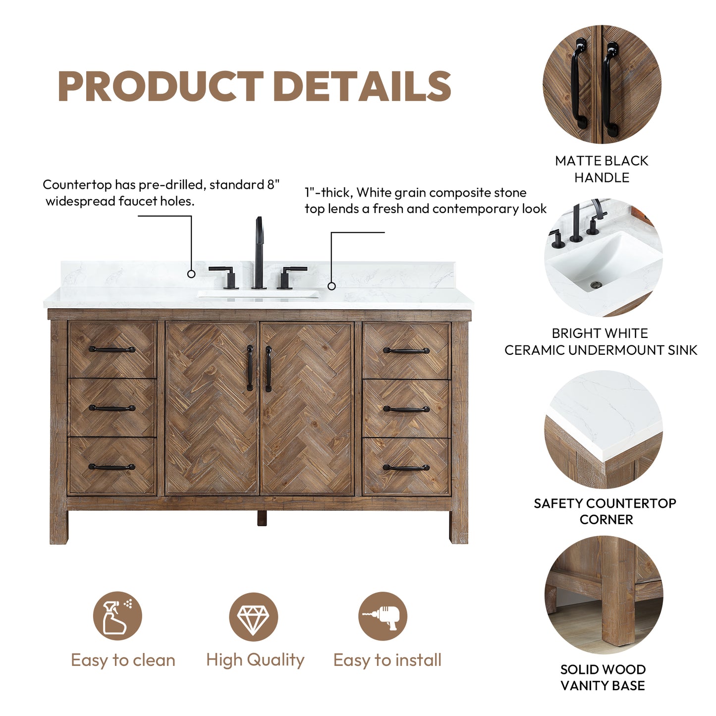 Javier 60" Free-standing Single Bath Vanity in Spruce Antique Gray with White Grain Composite Stone Top