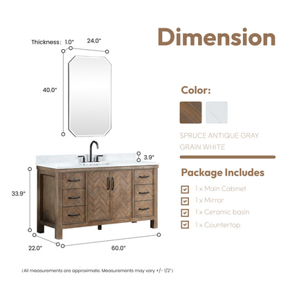 Javier 60" Free-standing Single Bath Vanity in Spruce Antique Gray with White Grain Composite Stone Top
