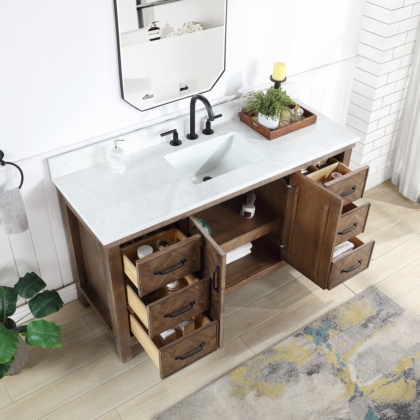 Javier 60" Free-standing Single Bath Vanity in Spruce Antique Gray with White Grain Composite Stone Top