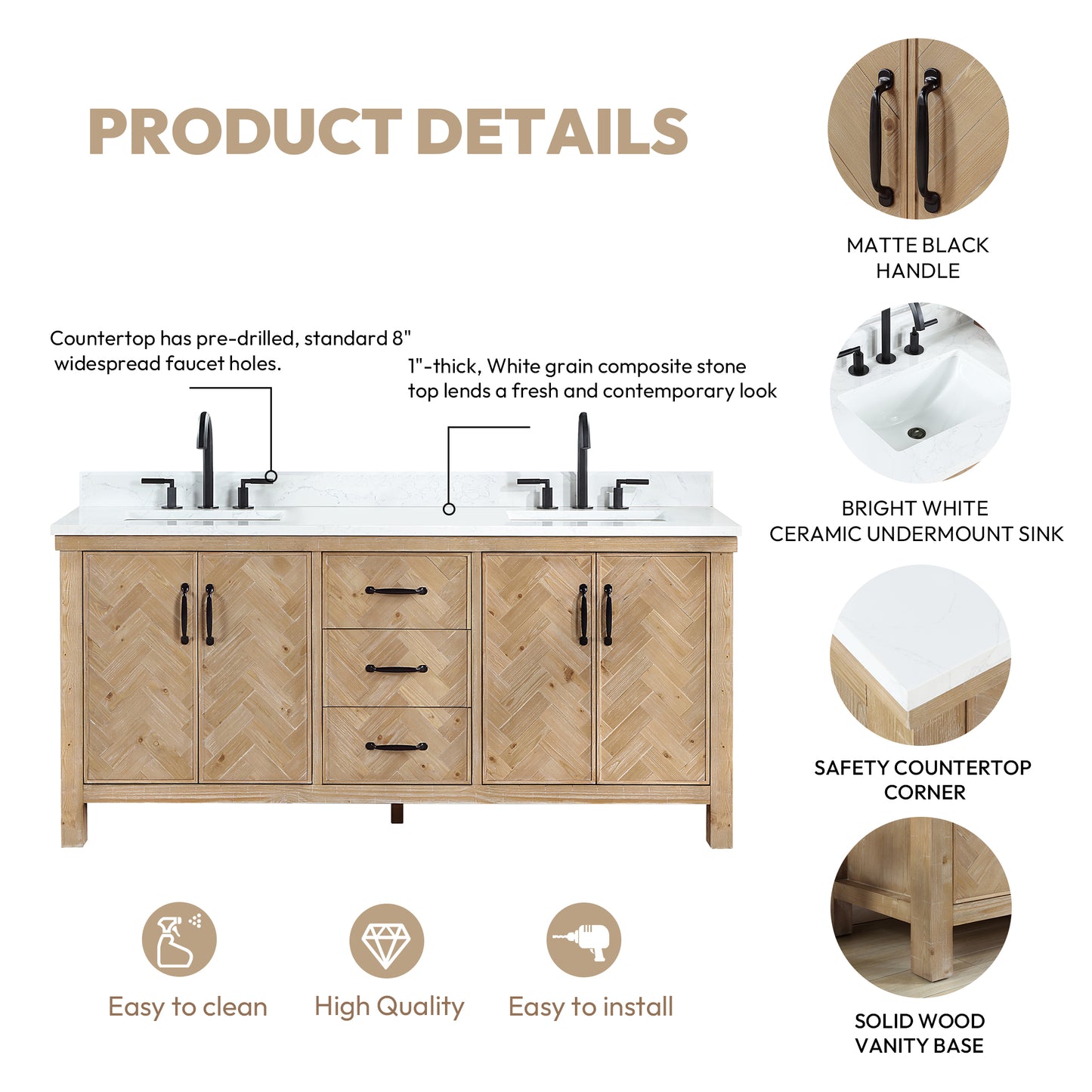 Javier 72" Free-standing Double Bath Vanity in Spruce Antique Brown with White Grain Composite Stone Top