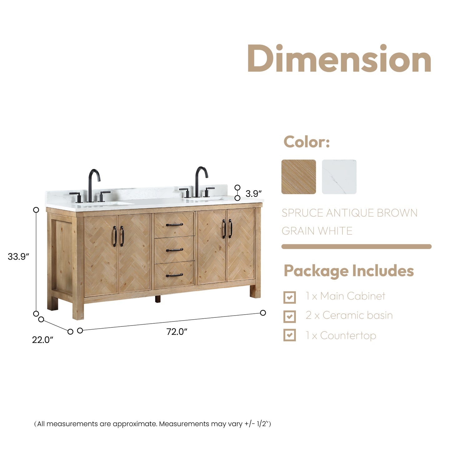 Javier 72" Free-standing Double Bath Vanity in Spruce Antique Brown with White Grain Composite Stone Top