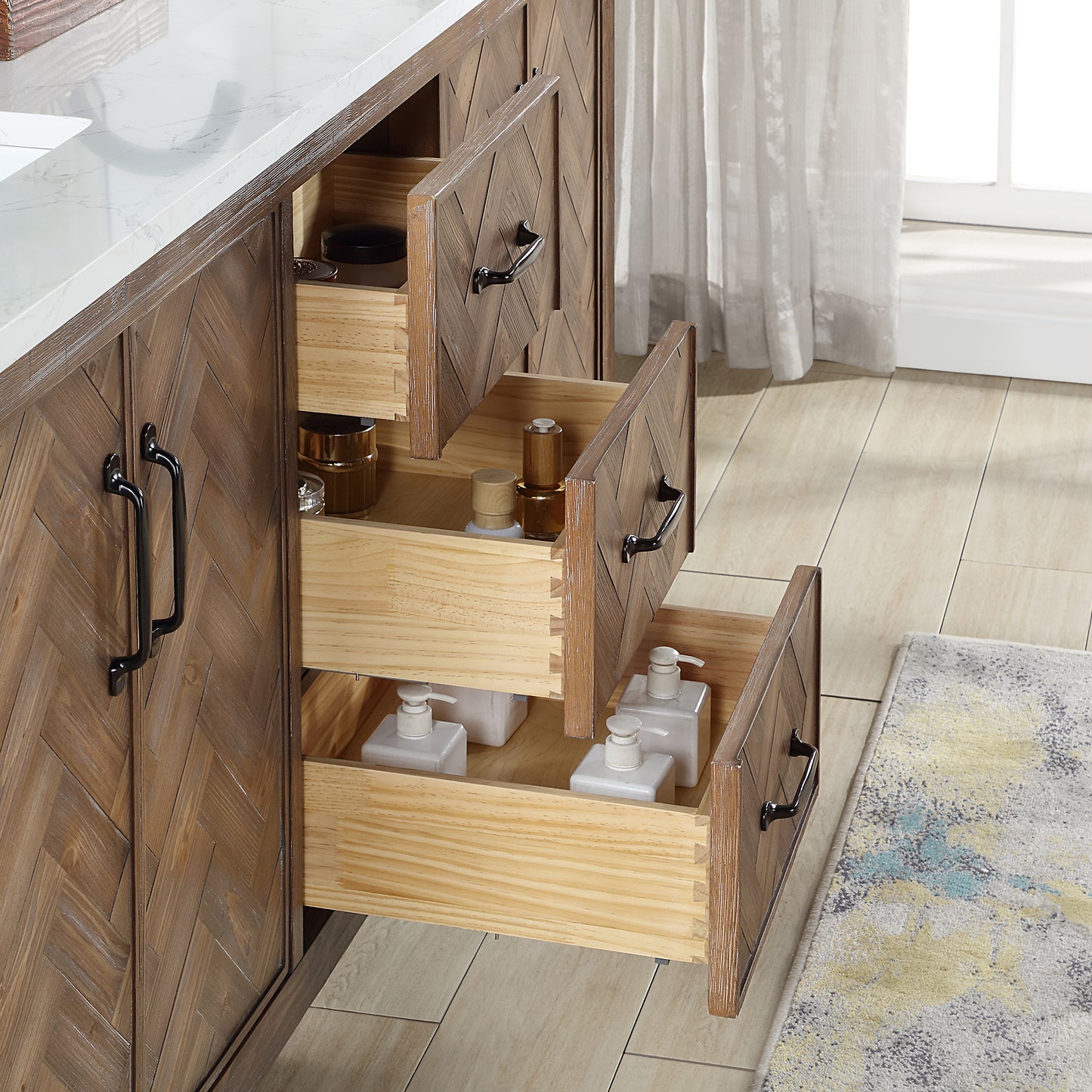 Javier 72" Free-standing Double Bath Vanity in Spruce Antique Gray with White Grain Composite Stone Top
