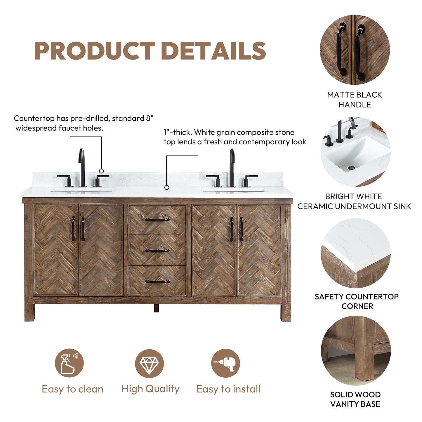 Javier 72" Free-standing Double Bath Vanity in Spruce Antique Gray with White Grain Composite Stone Top